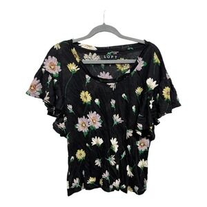 Loft Linen Black Daisy Floral Breathable Flutter Sleeve Short Sleeve Size Medium